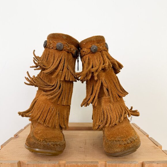 Vintage Minnetonka y2k Tall Tiered Fringed Moccasin Boots Kids Toddler Size 7 - Picture 4 of 8